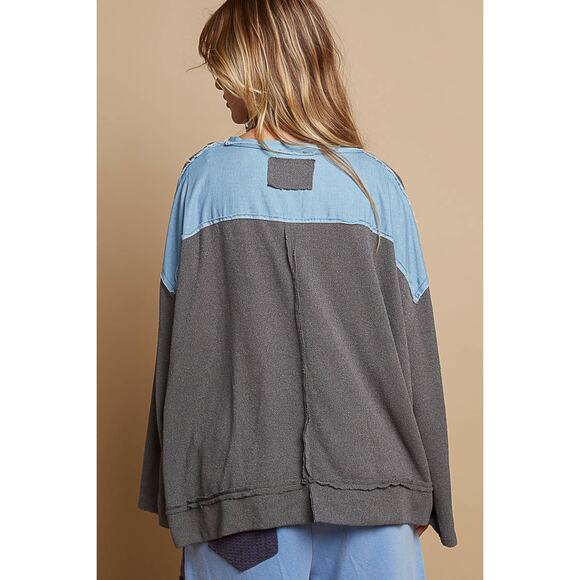 POL Exposed Seam Star Denim Patch Round Neckline Relaxed Fit Sweater | Charcoal - Picture 3 of 6